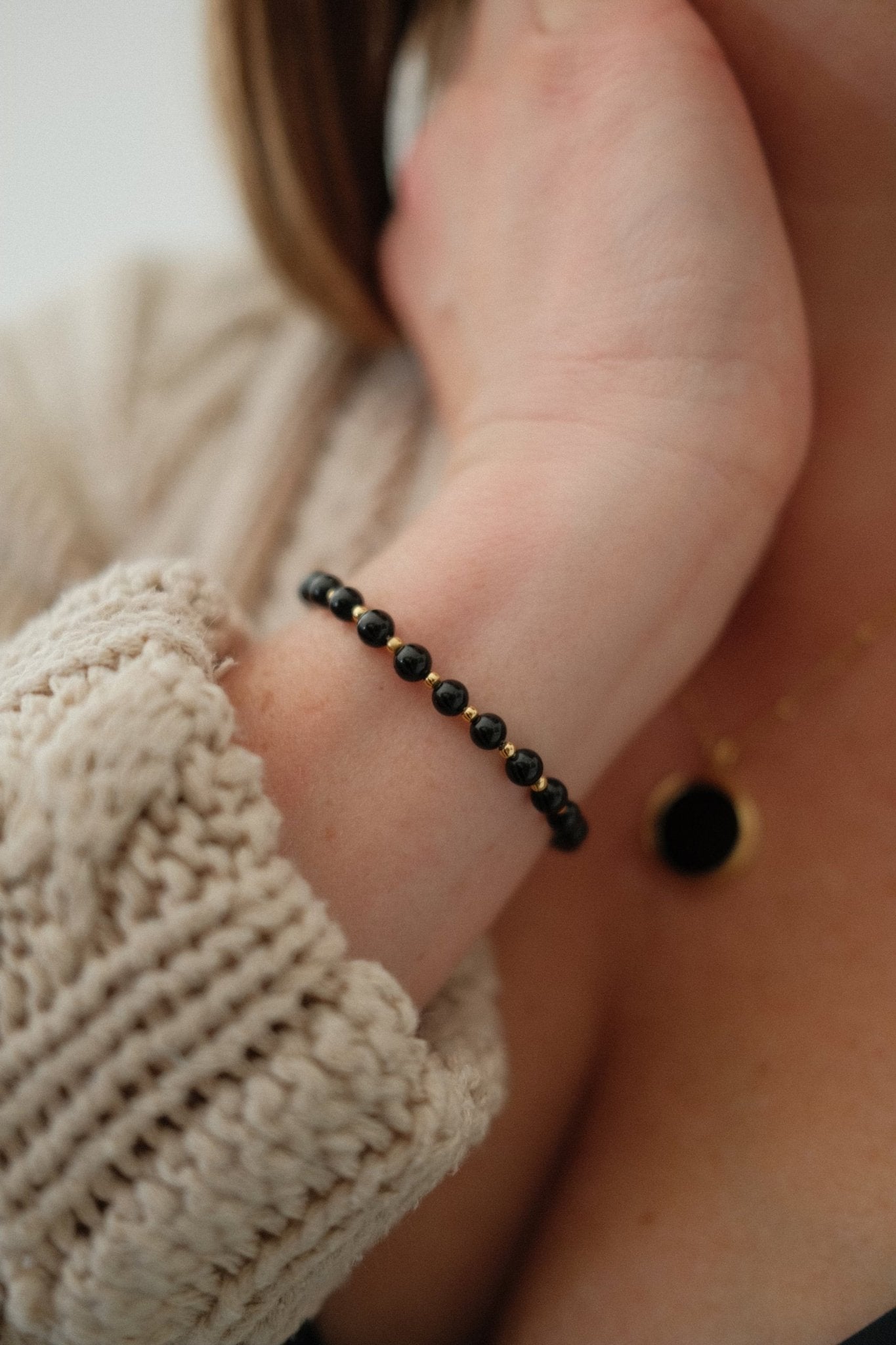 New Moon 18k Gold Plated Sterling Silver Bracelet with Black Tourmaline - Claire Mae Company